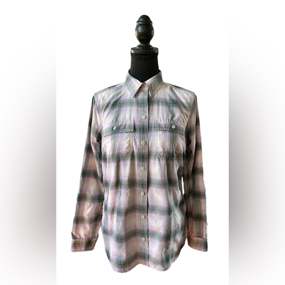 Edie Bauer: Purple, Green and White Flannel Button Down Classic Fit Shirt